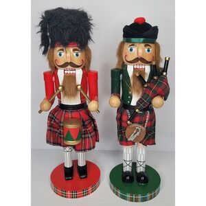 Scottish Nutcracker Set of 2 Bagpiper & Drummer 13" Tartan Plaid Wood Christmas